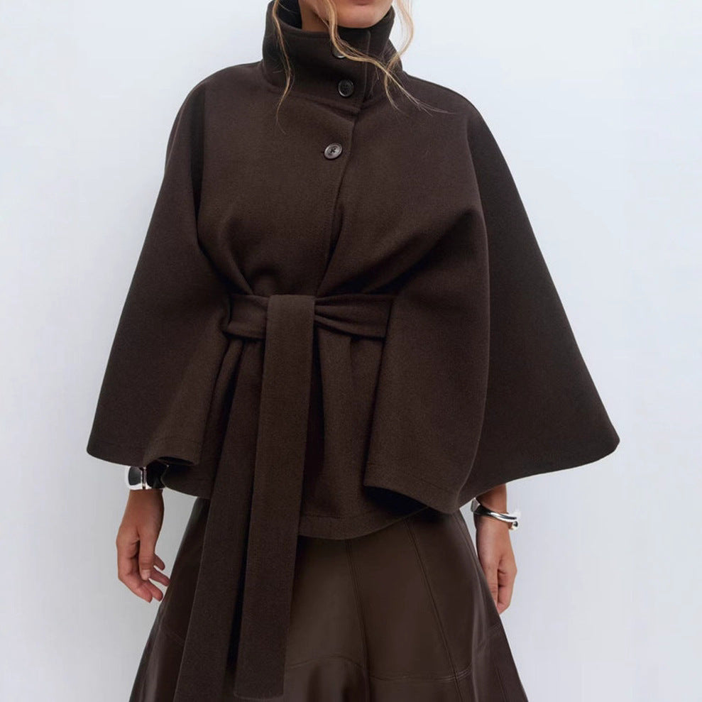Winter High Neck Batwing Sleeve Coat With Belt Fashion Loose Elegant Button Top Trench Coat For Women Clothing - Amber Fashion UK