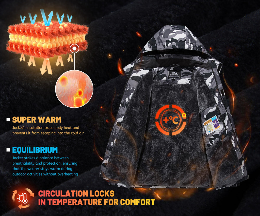 TACVASEN Men's Waterproof Fleece Mountain Jacket Windproof Warm Ski Jacket Multi-Pockets