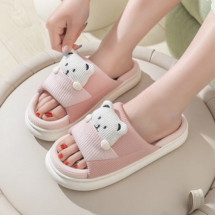 Cute Cartoon Bear Slippers Spring And Autumn Fashion Thick-soled  Mute Linen Slipper Women's House Shoes - Amber Fashion UK
