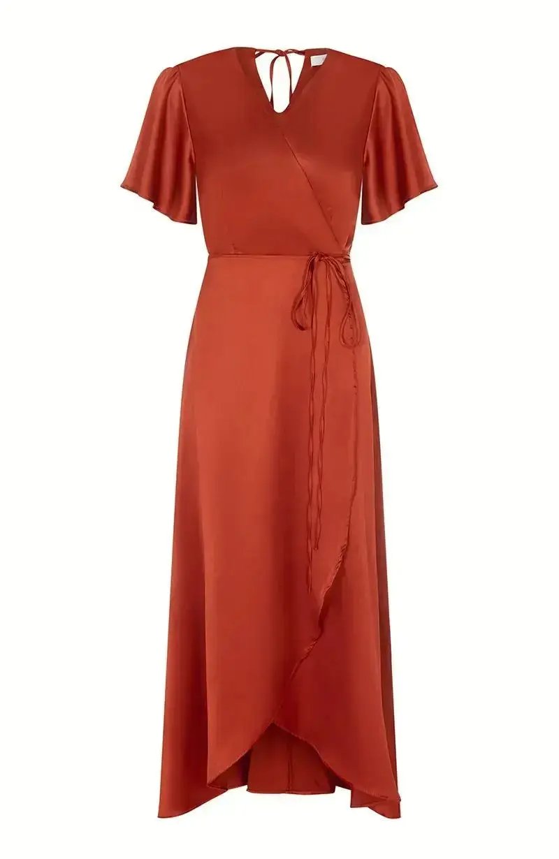 Florence Waterfall Dress in Burnt Orange Satin