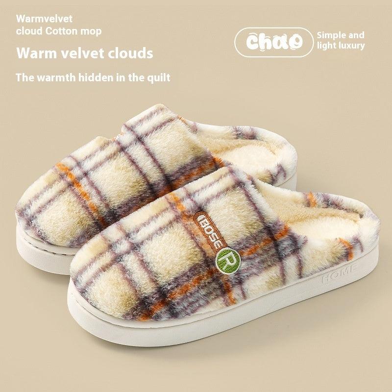 Women's Home Plush Warm Non-slip Plaid Cotton Shoes - Amber Fashion UK