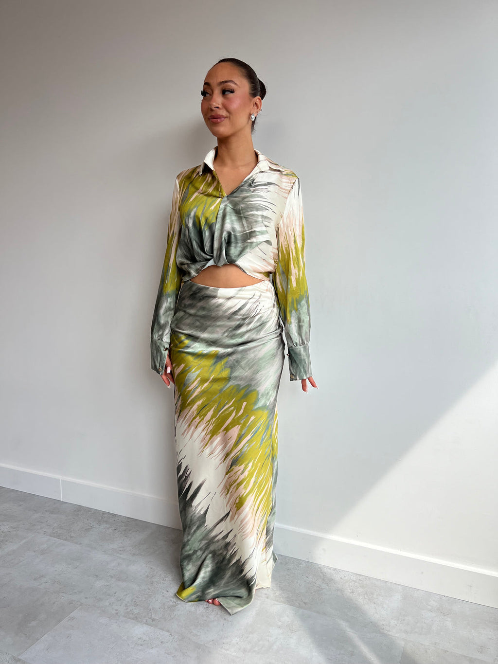 Satin Pink & Orange Printed Maxi Skirt Co-ord Set - Amber Fashion UK