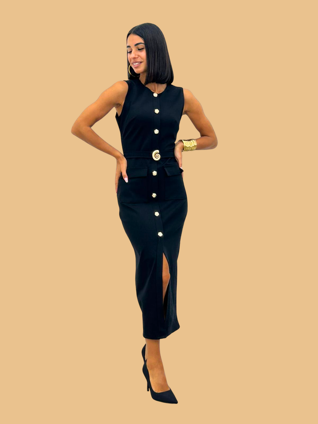 Black Bodycon Belted Midi Pencil Dress With Gold Buttons - Amber Fashion UK