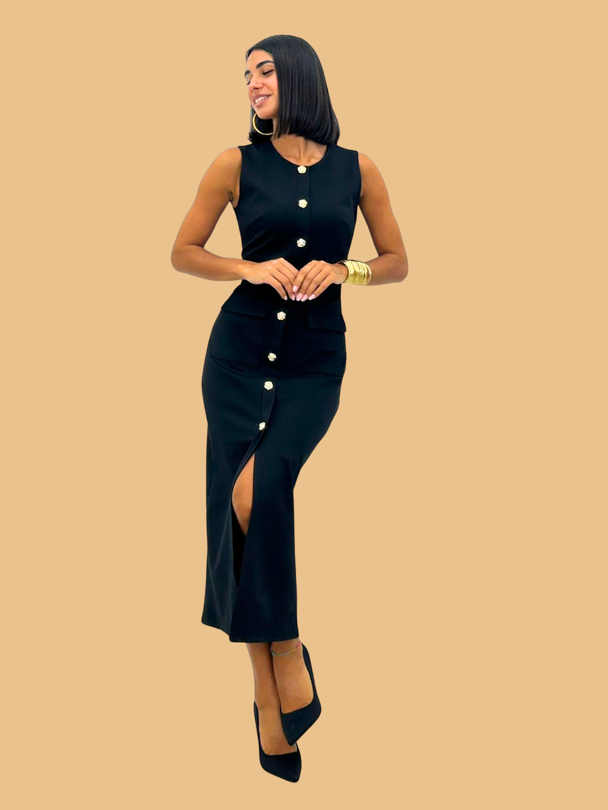 Black Bodycon Belted Midi Pencil Dress With Gold Buttons - Amber Fashion UK