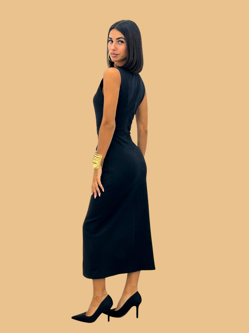 Black Bodycon Belted Midi Pencil Dress With Gold Buttons - Amber Fashion UK