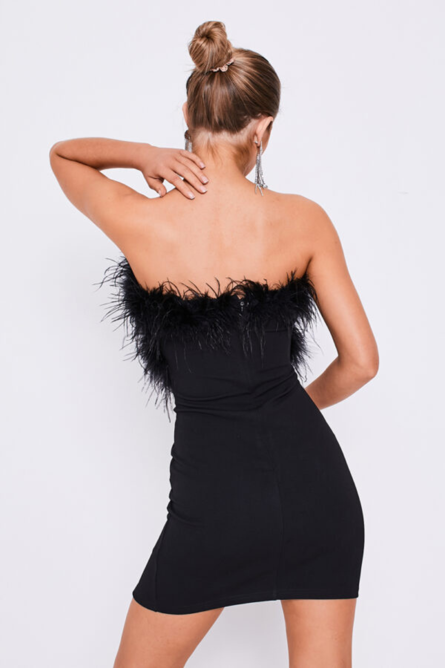 Black Feather Strapless Bodycon Slit Dress - Amber Fashion UK