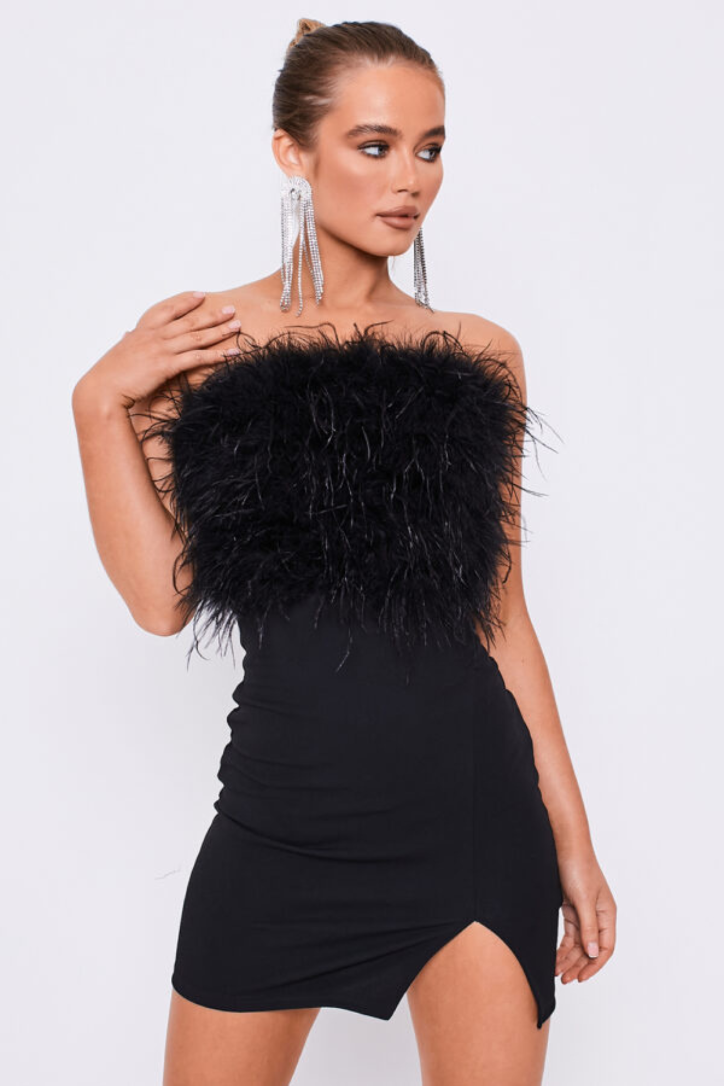Black Feather Strapless Bodycon Slit Dress - Amber Fashion UK
