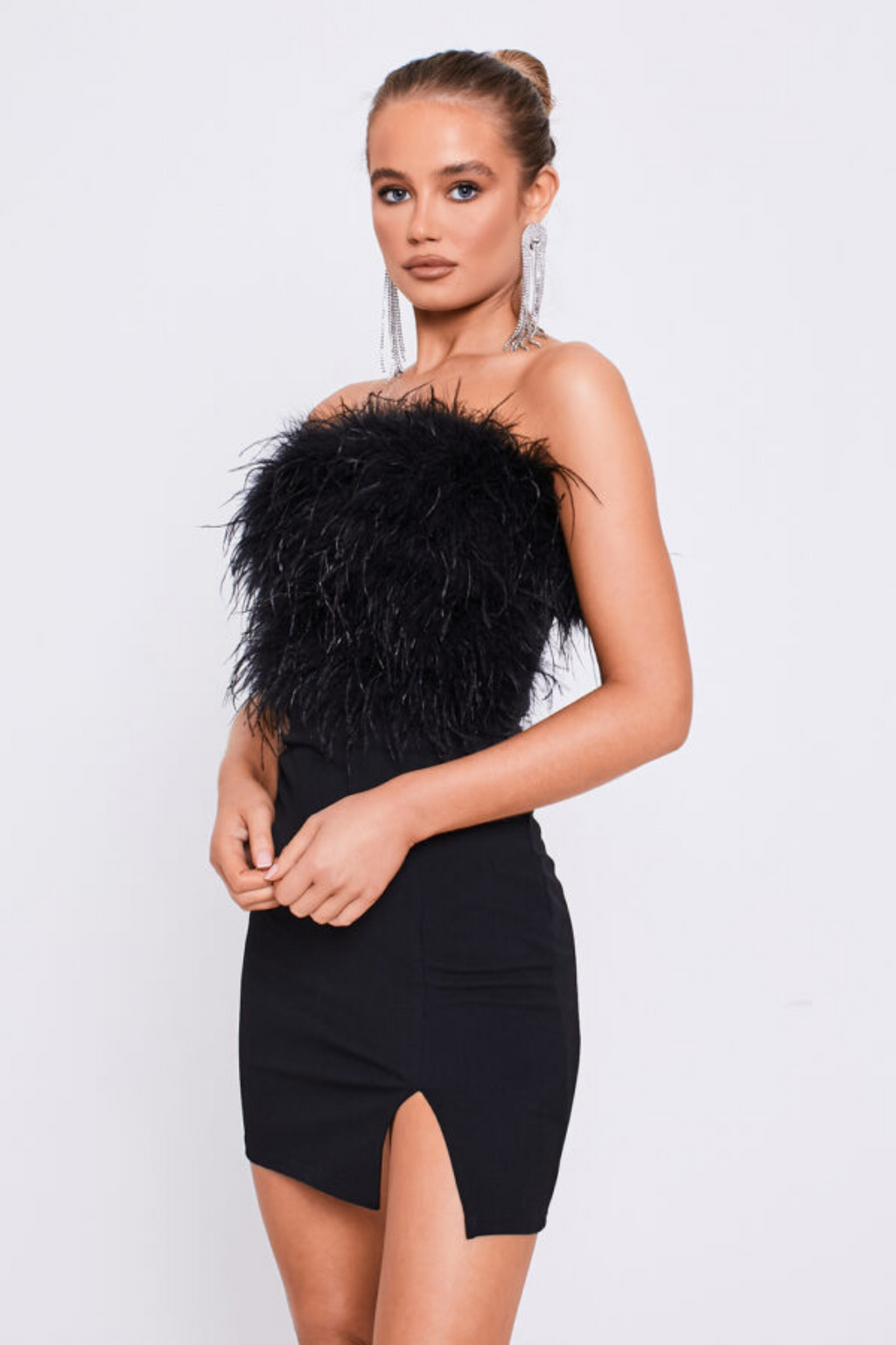 Black Feather Strapless Bodycon Slit Dress - Amber Fashion UK