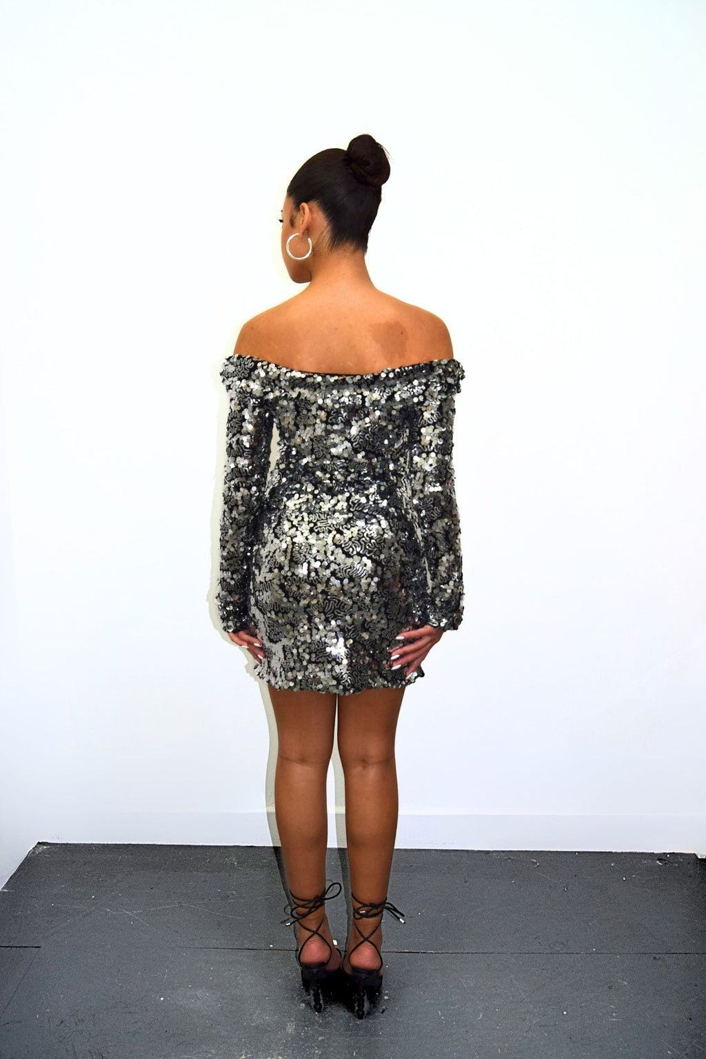 Black & Silver Off Shoulder Sequin Midi Dress - Amber Fashion UK