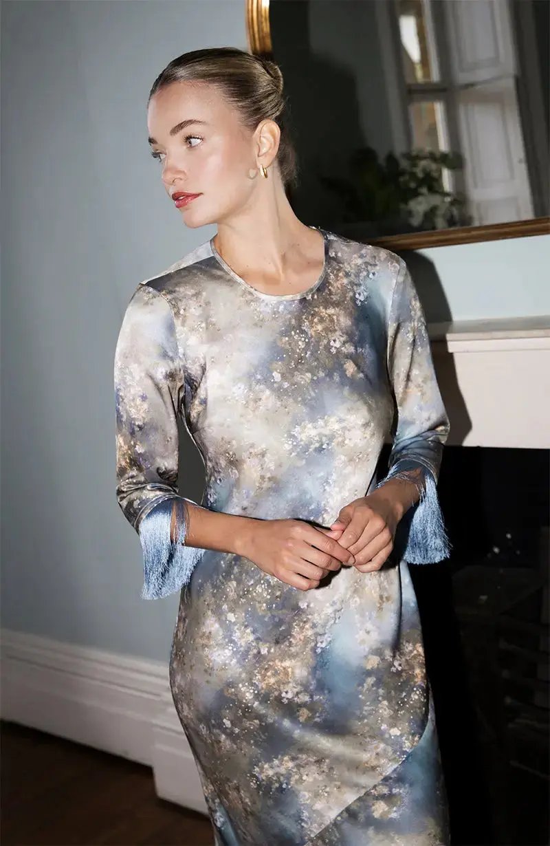 Dolly Fringe Long Sleeve Dress in Blue Print