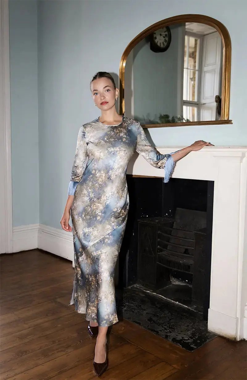 Dolly Fringe Long Sleeve Dress in Blue Print