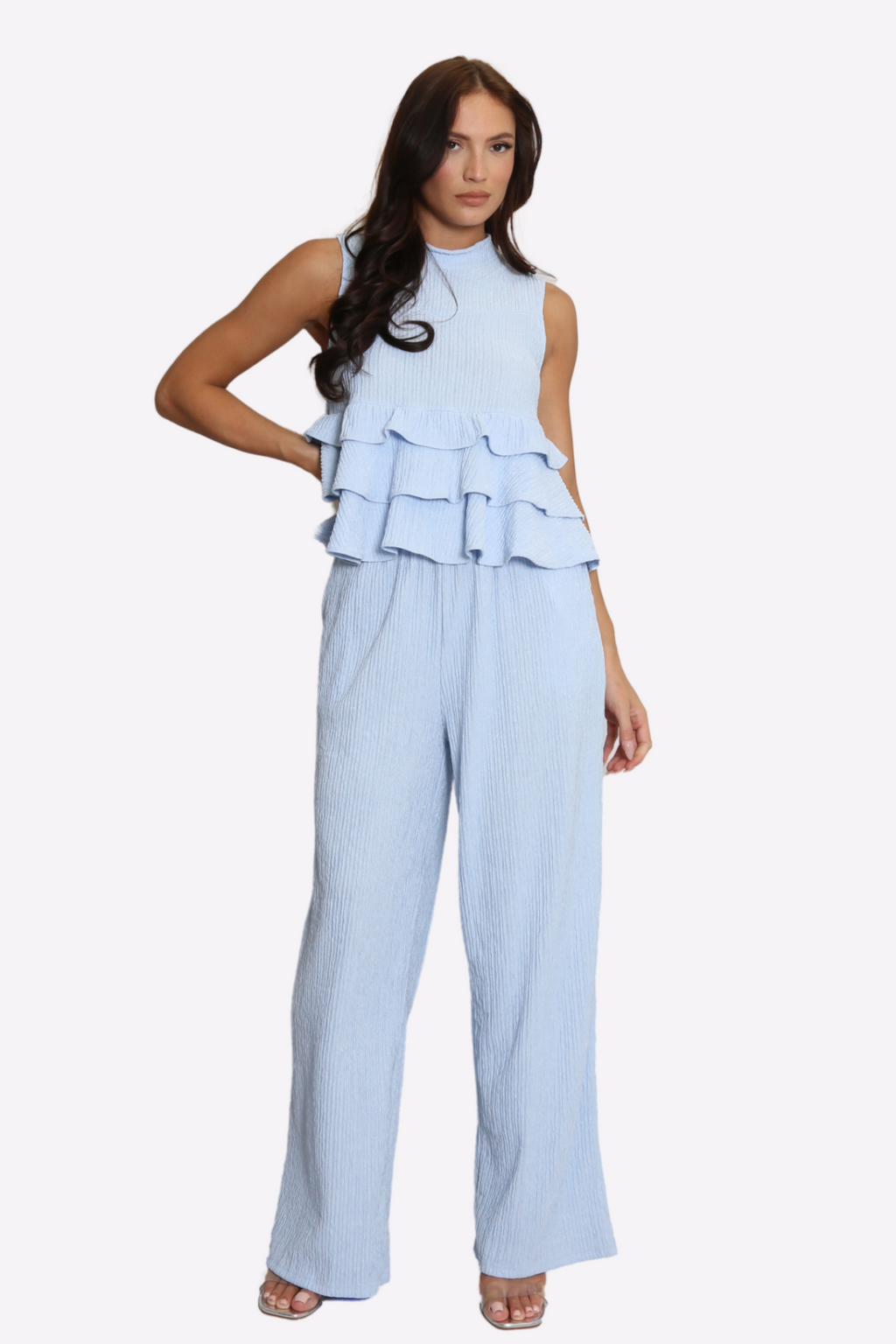 High Neck Frill Blouse & Flared Pants Co-ord Set - Amber Fashion UK