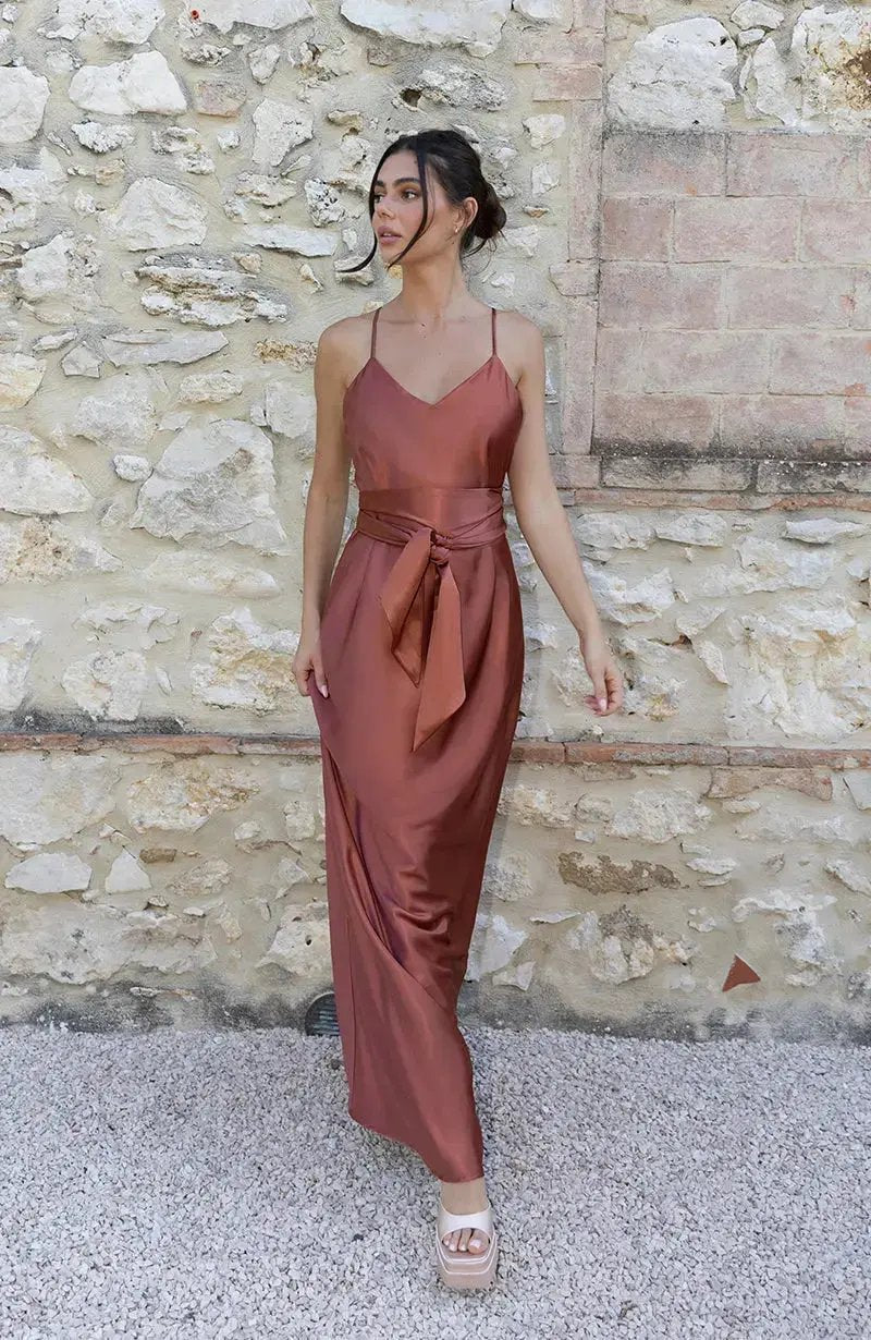 Brooklyn Dress in Terracotta Satin