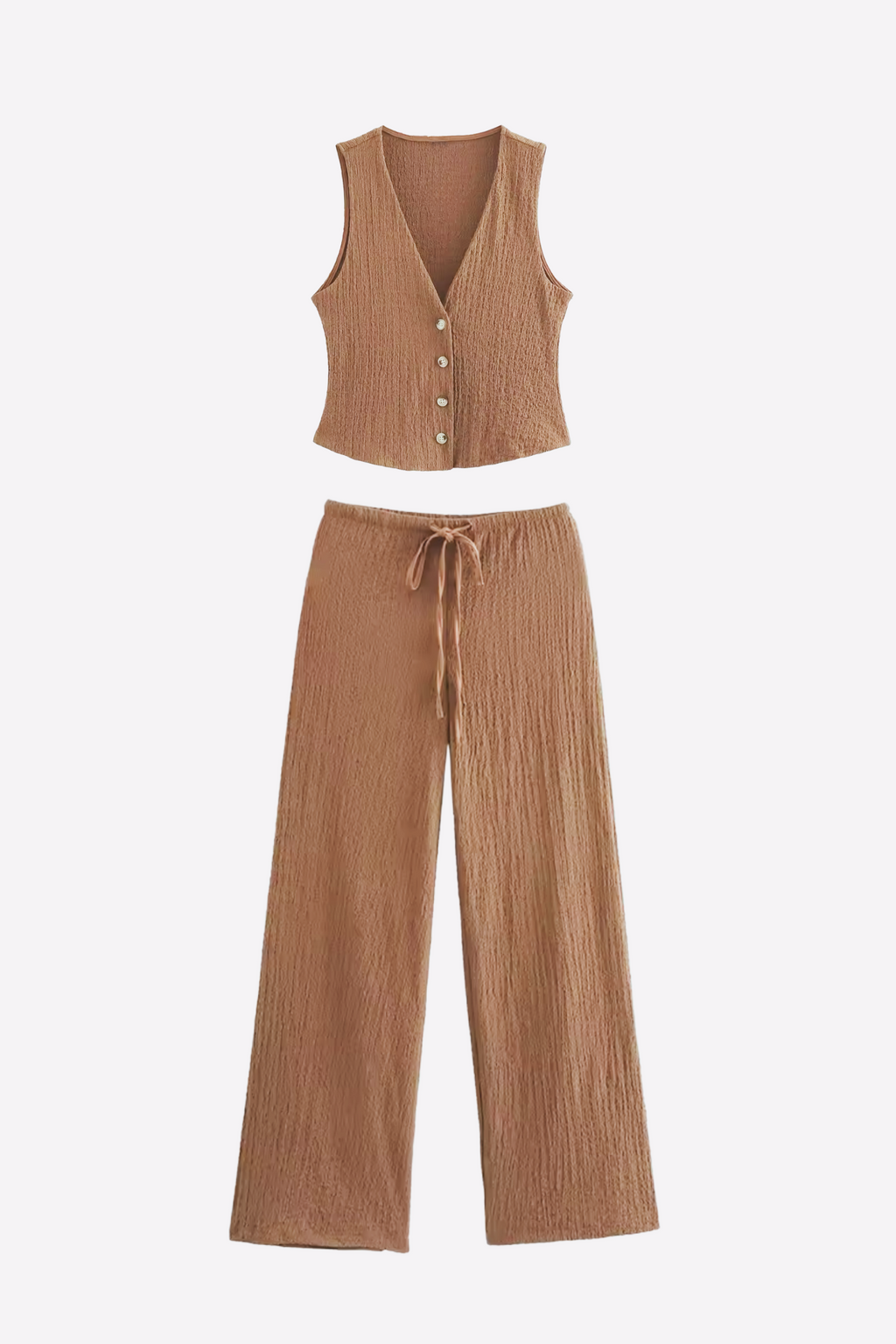 Women's Textured V-Neck Button-Up Waistcoat Co-ord Set - Amber Fashion UK