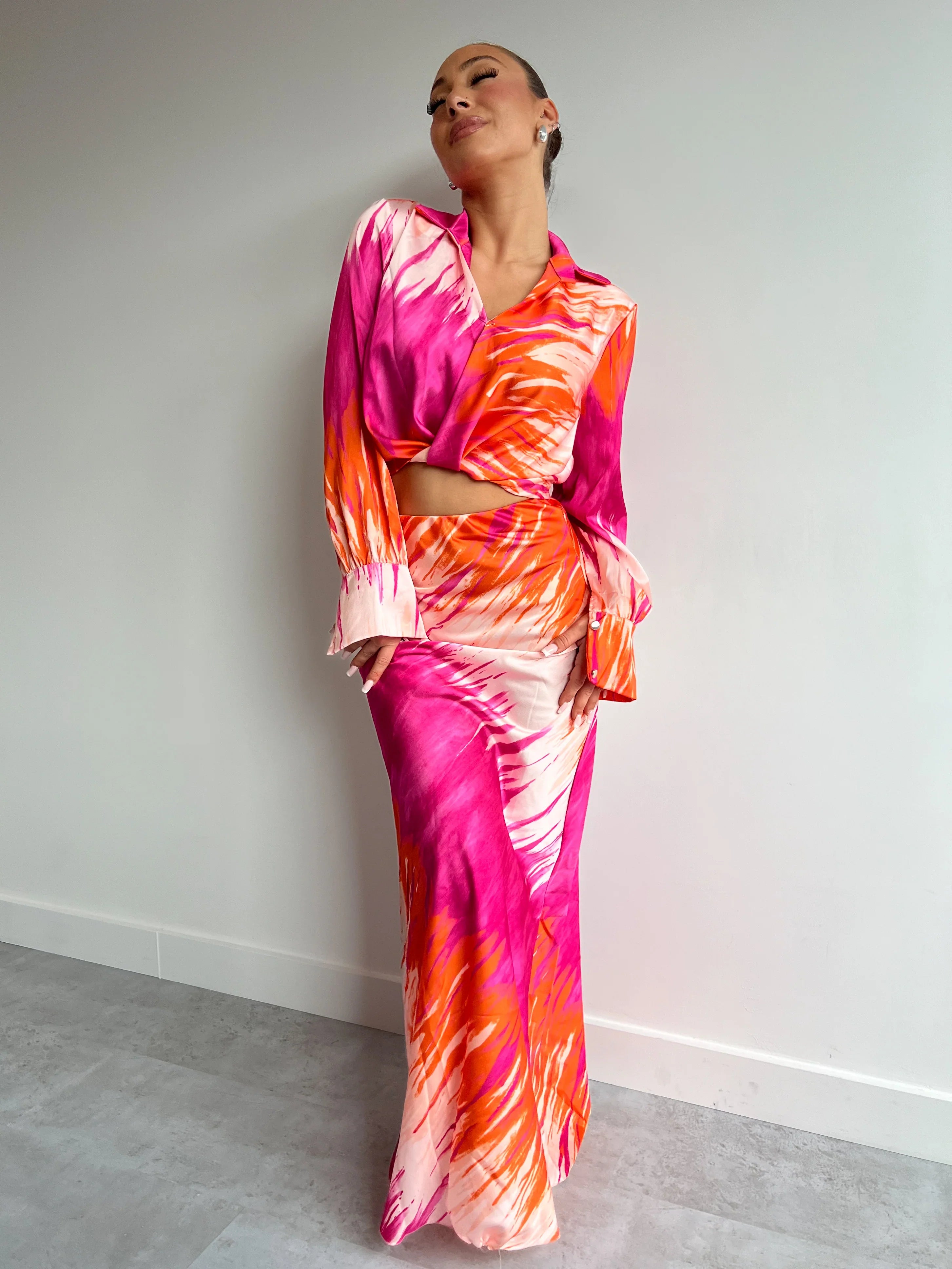 Satin Pink & Orange Printed Maxi Skirt Co-ord Set - Amber Fashion UK