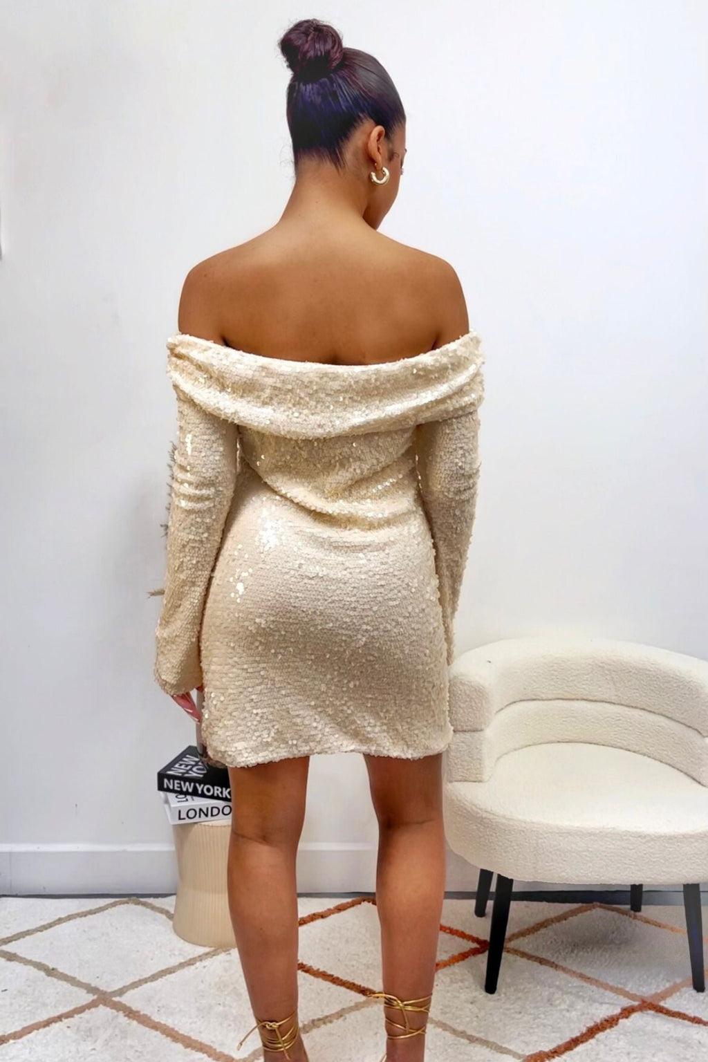 Cream Off-Shoulder Sequin Long Sleeve Midi Dress - Amber Fashion UK