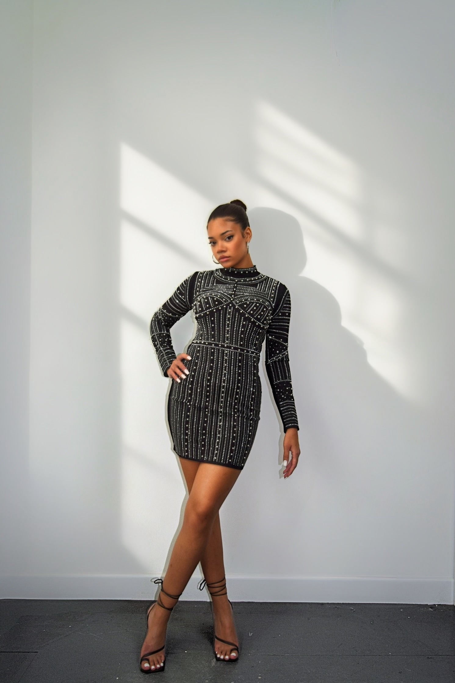 Sparkling Black Embellished Long Sleeve Midi Dress - Amber Fashion UK