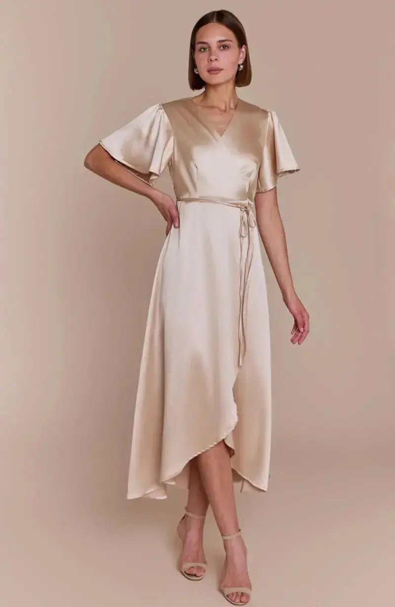 Florence Waterfall Dress in Champagne Satin