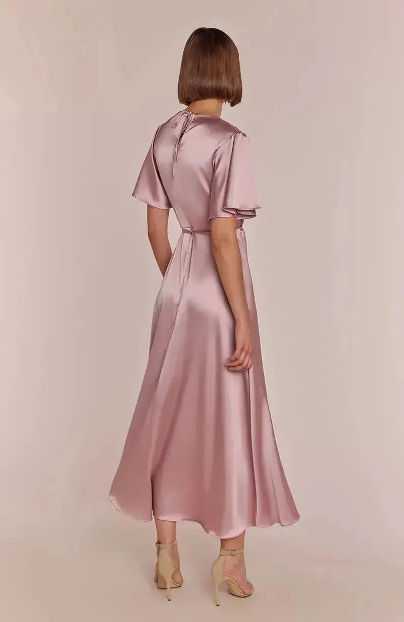 Florence Waterfall Dress in Rose Pink Satin