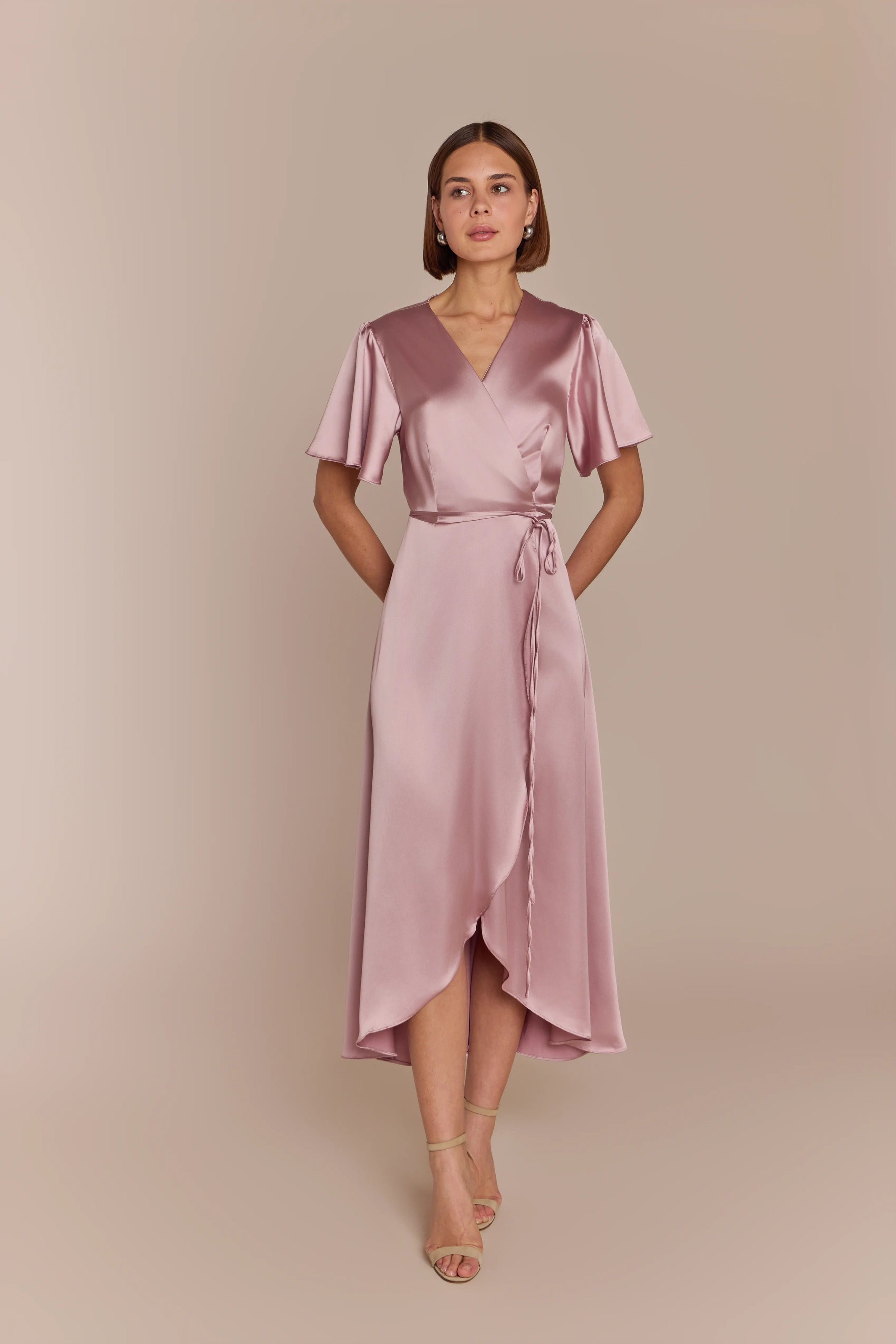 Florence Waterfall Dress in Rose Pink Satin