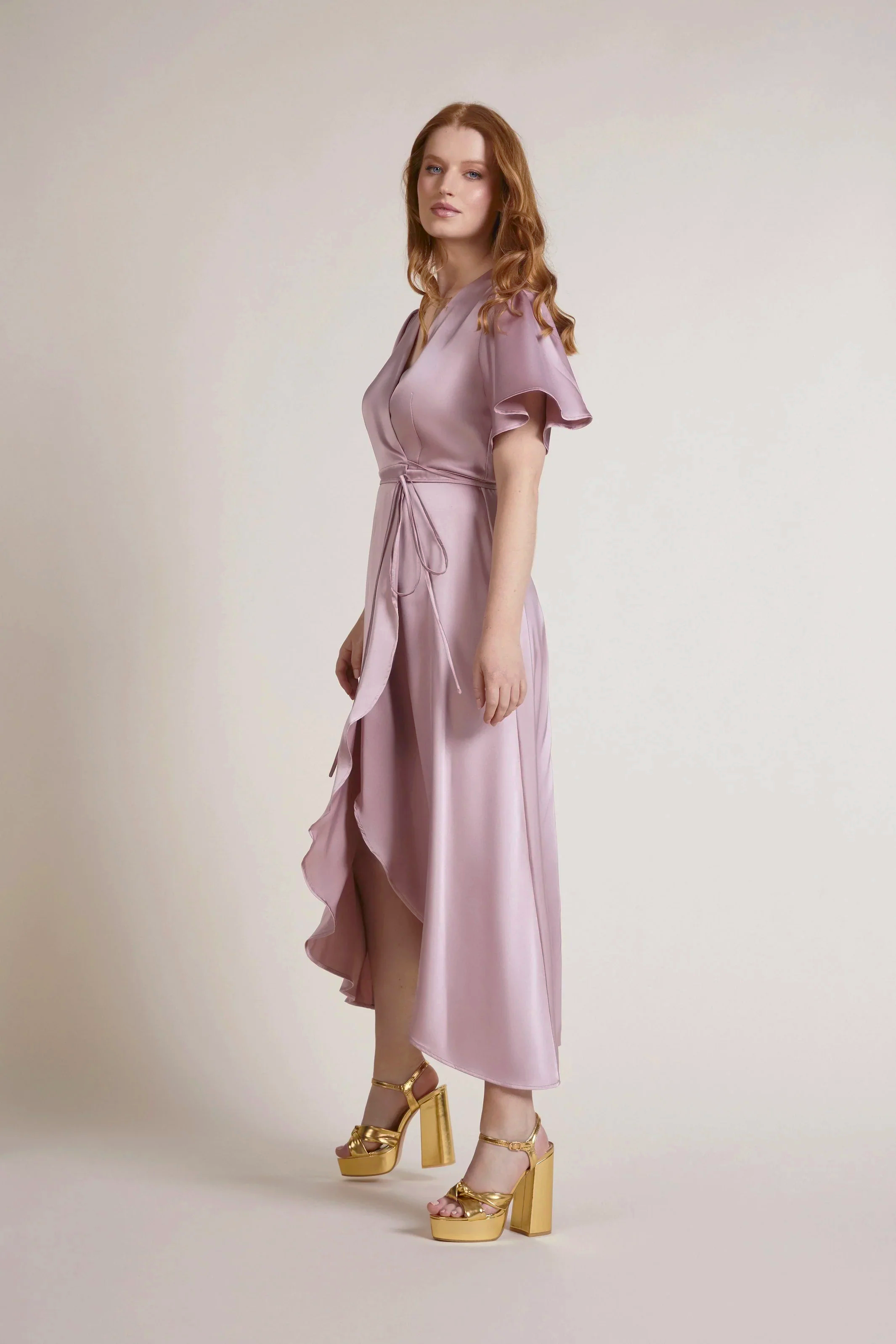 Florence Waterfall Dress in Rose Pink Satin