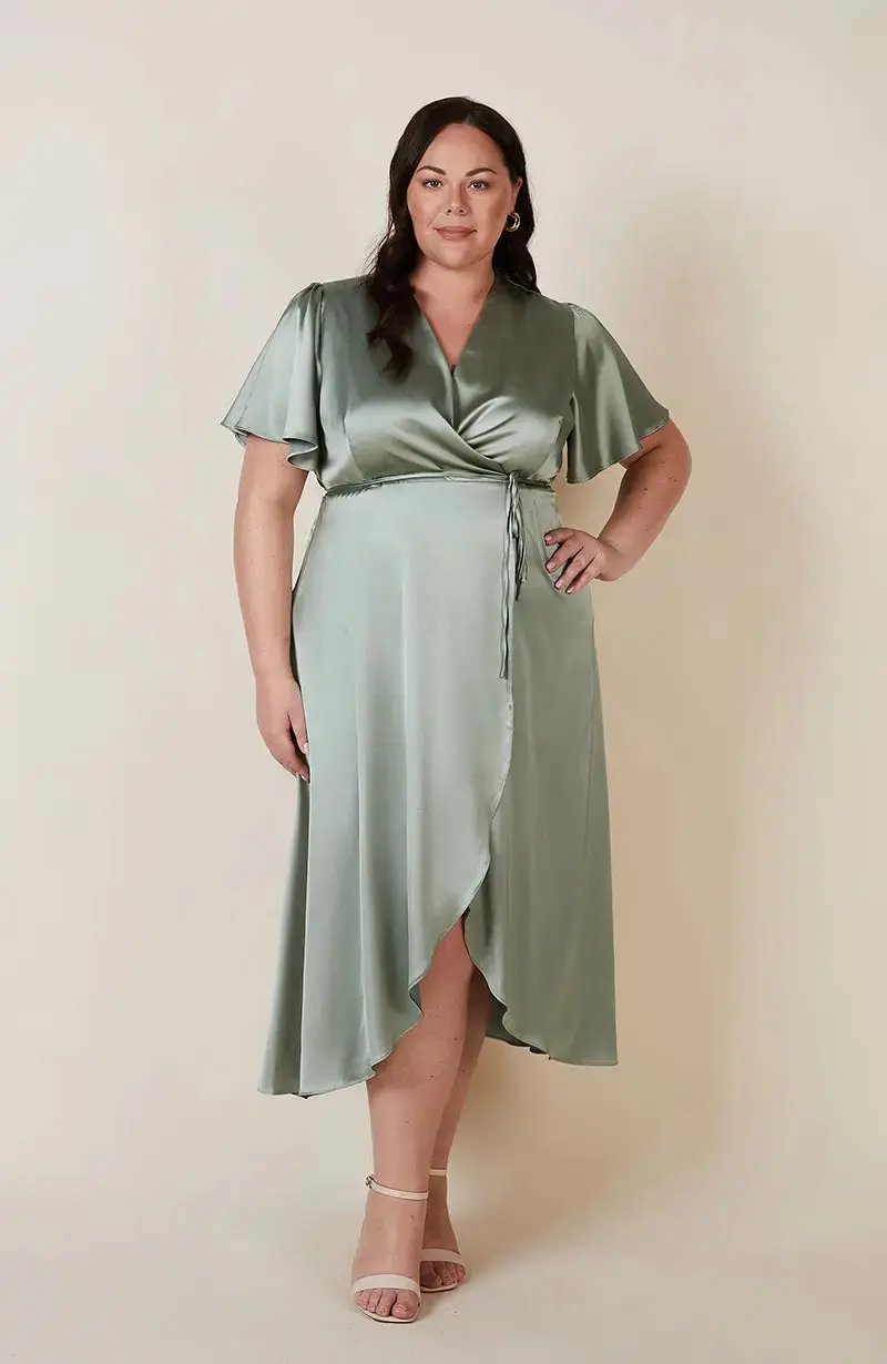 Florence Waterfall Dress in Sage Green Satin
