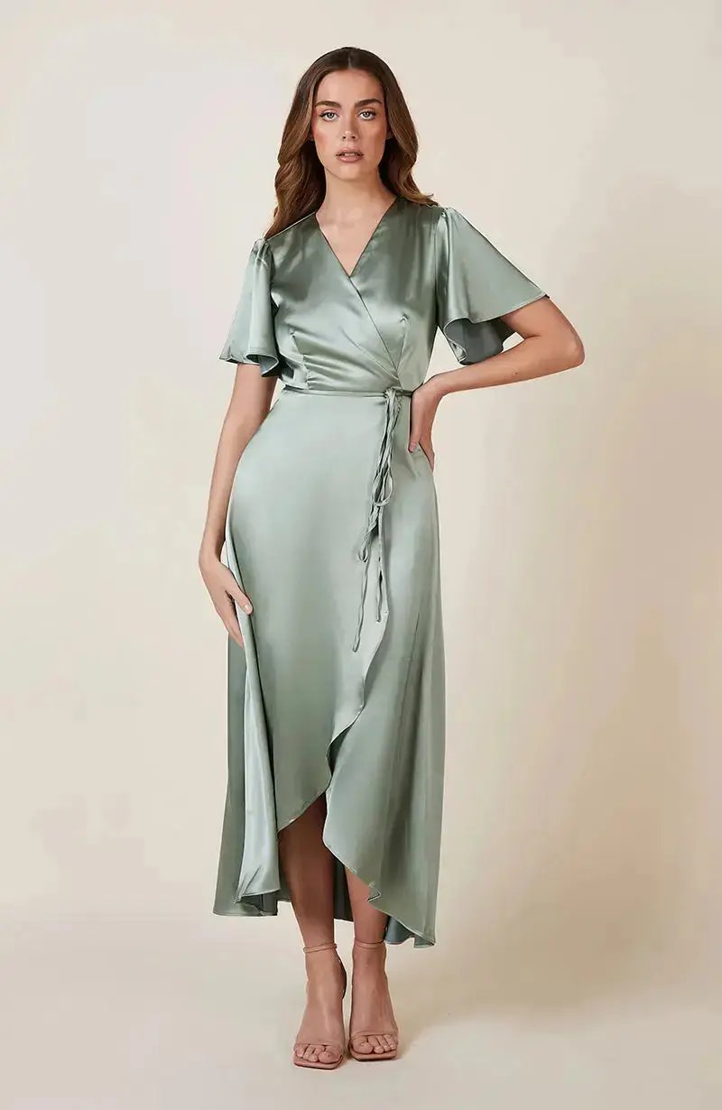Florence Waterfall Dress in Sage Green Satin