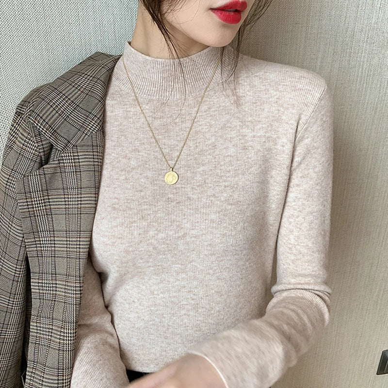 AOSSVIAO Turtleneck Sweater Women Fashion 2024 New Stretch Tops Women Knitted Pullovers Long Sleeve Bottoming Knitted Sweater - Amber Fashion UK