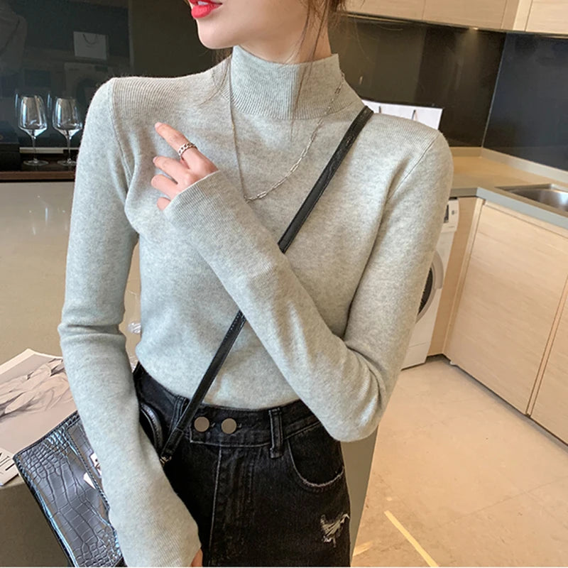AOSSVIAO Turtleneck Sweater Women Fashion 2024 New Stretch Tops Women Knitted Pullovers Long Sleeve Bottoming Knitted Sweater - Amber Fashion UK