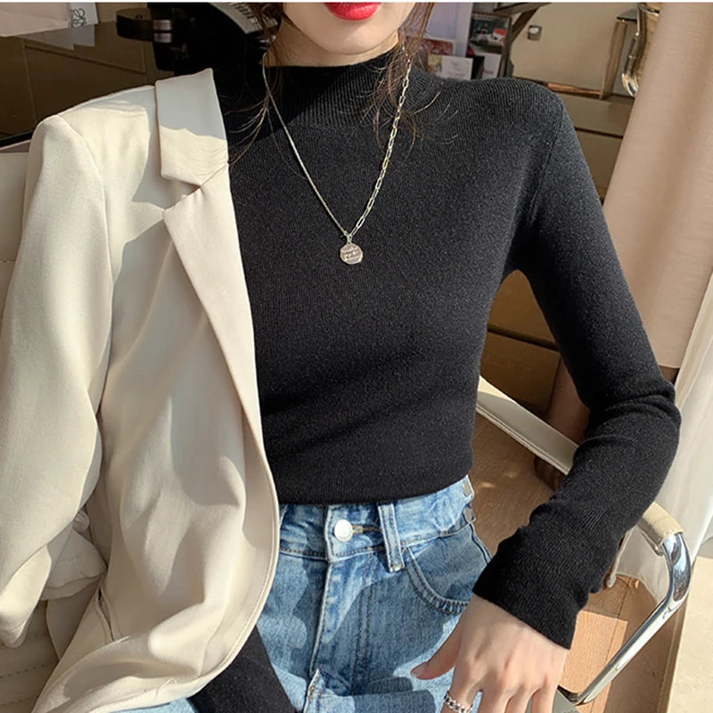 AOSSVIAO Turtleneck Sweater Women Fashion 2024 New Stretch Tops Women Knitted Pullovers Long Sleeve Bottoming Knitted Sweater - Amber Fashion UK