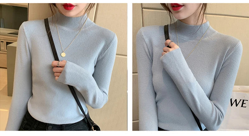 AOSSVIAO Turtleneck Sweater Women Fashion 2024 New Stretch Tops Women Knitted Pullovers Long Sleeve Bottoming Knitted Sweater - Amber Fashion UK