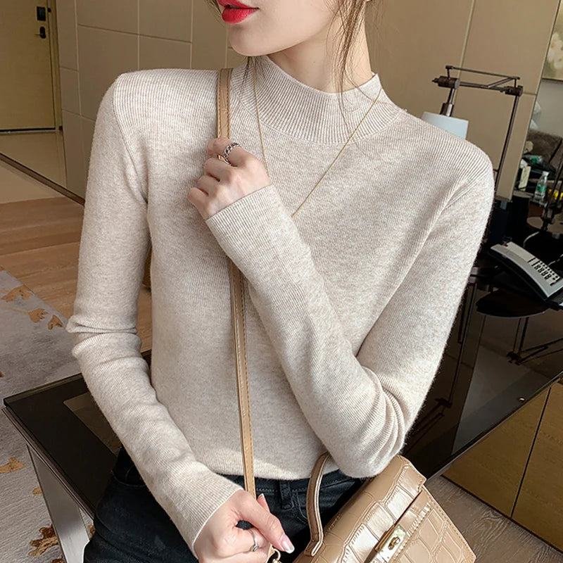 AOSSVIAO Turtleneck Sweater Women Fashion 2024 New Stretch Tops Women Knitted Pullovers Long Sleeve Bottoming Knitted Sweater - Amber Fashion UK