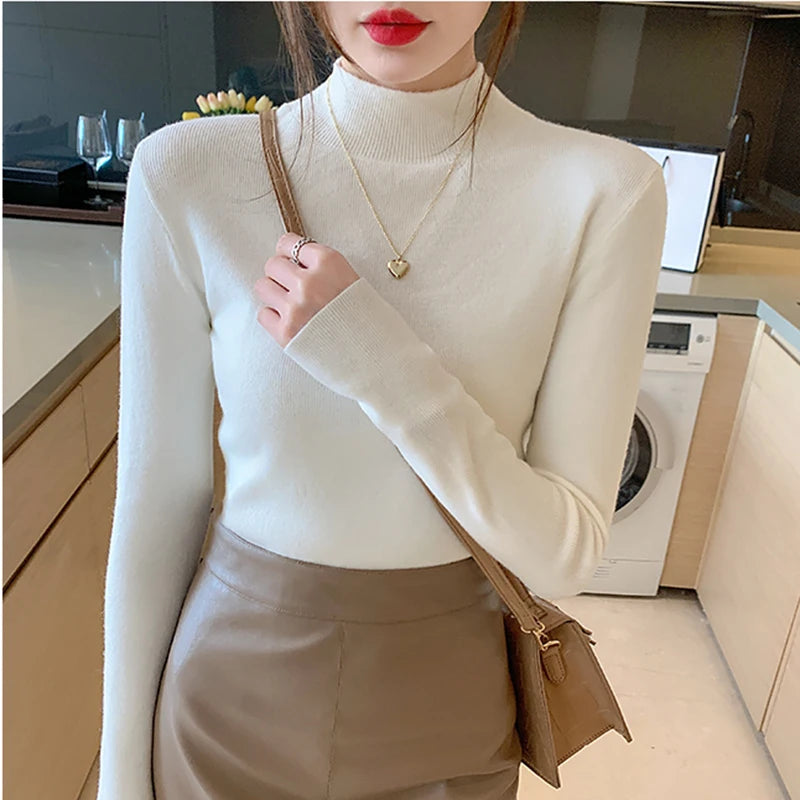 AOSSVIAO Turtleneck Sweater Women Fashion 2024 New Stretch Tops Women Knitted Pullovers Long Sleeve Bottoming Knitted Sweater - Amber Fashion UK