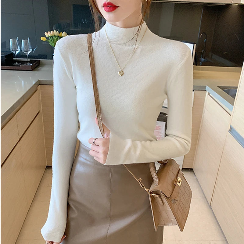 AOSSVIAO Turtleneck Sweater Women Fashion 2024 New Stretch Tops Women Knitted Pullovers Long Sleeve Bottoming Knitted Sweater - Amber Fashion UK