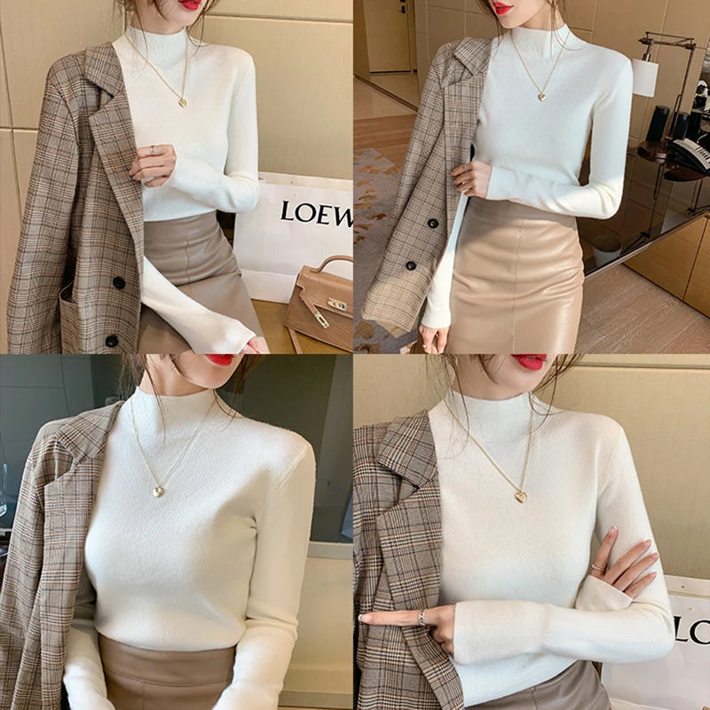 AOSSVIAO Turtleneck Sweater Women Fashion 2024 New Stretch Tops Women Knitted Pullovers Long Sleeve Bottoming Knitted Sweater - Amber Fashion UK