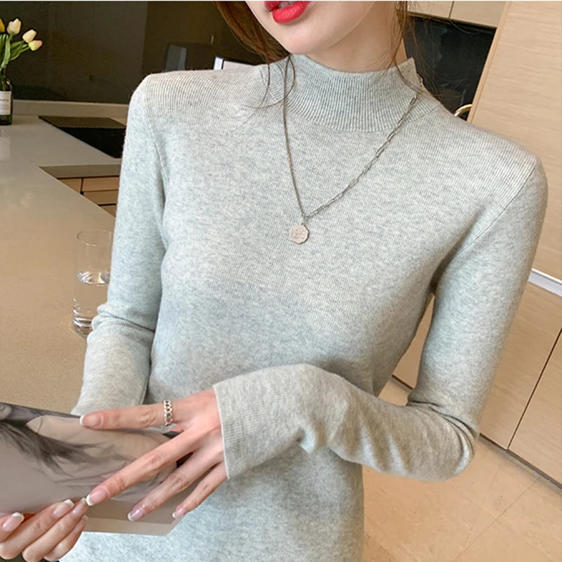 AOSSVIAO Turtleneck Sweater Women Fashion 2024 New Stretch Tops Women Knitted Pullovers Long Sleeve Bottoming Knitted Sweater - Amber Fashion UK