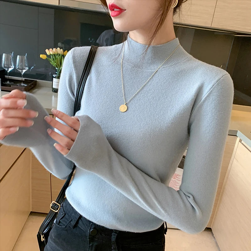 AOSSVIAO Turtleneck Sweater Women Fashion 2024 New Stretch Tops Women Knitted Pullovers Long Sleeve Bottoming Knitted Sweater - Amber Fashion UK