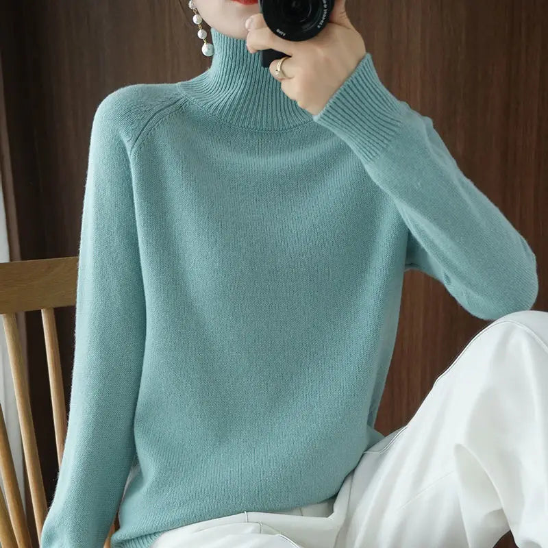 Turtleneck Pullover Fall/winter 2023 Cashmere Sweater Women Pure Color Casual Long-sleeved Loose Pullover Bottoming Women's - Amber Fashion UK