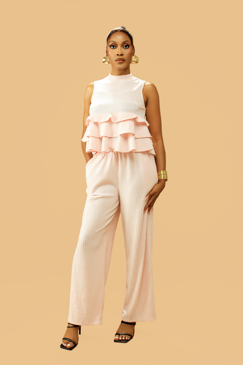 High Neck Frill Blouse & Flared Pants Co-ord Set - Amber Fashion UK