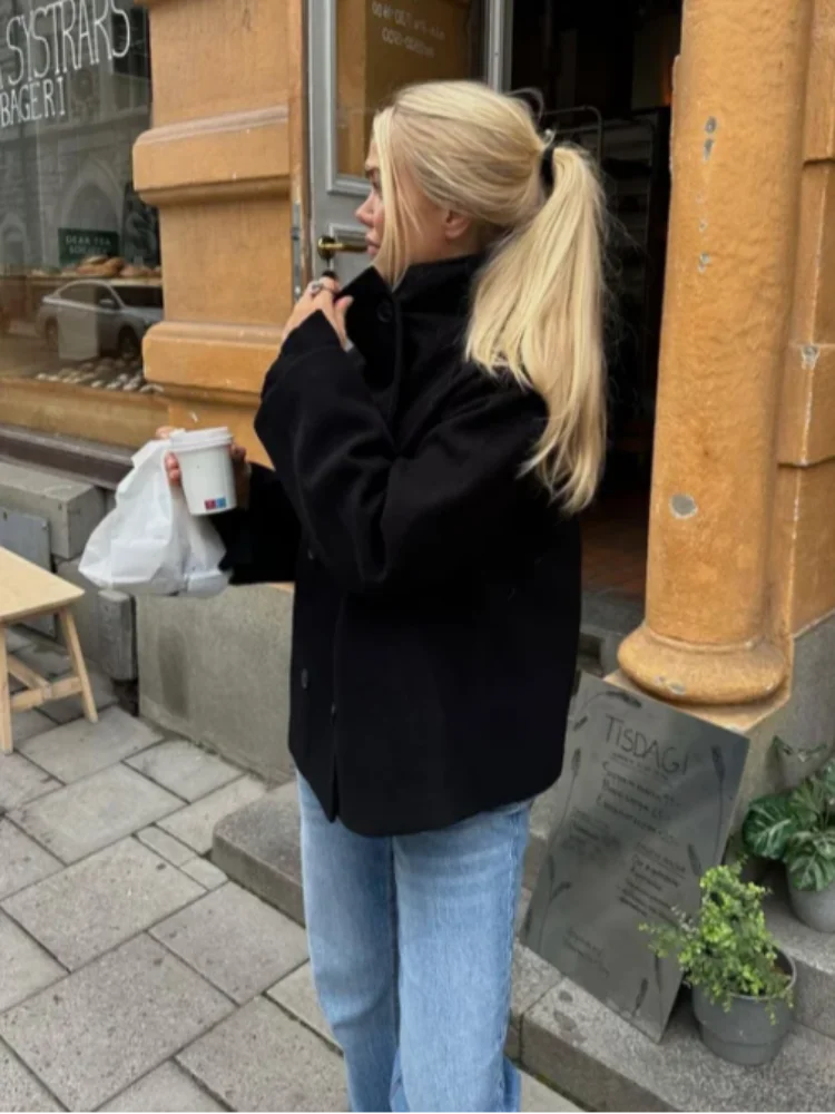 Stand Collar Women Woolen Coat Long Sleeve Single Breasted Loose Female Jacket 2025 Autumn Winter Office Lady Street Short Coats - Amber Fashion UK