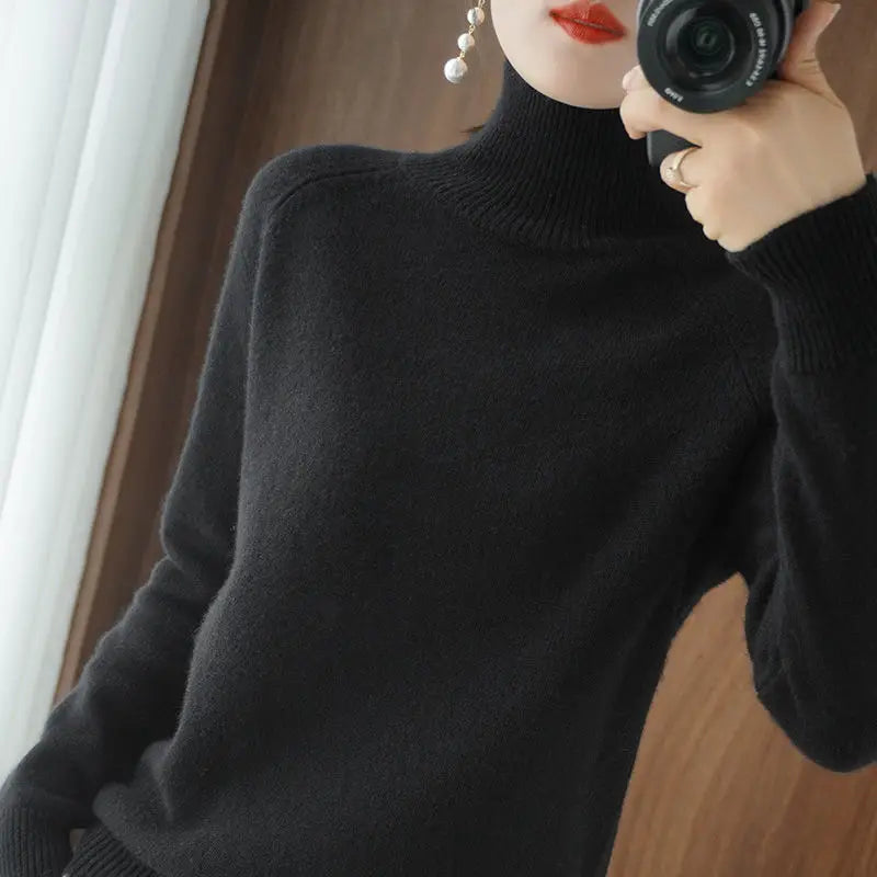 Turtleneck Pullover Fall/winter 2023 Cashmere Sweater Women Pure Color Casual Long-sleeved Loose Pullover Bottoming Women's - Amber Fashion UK