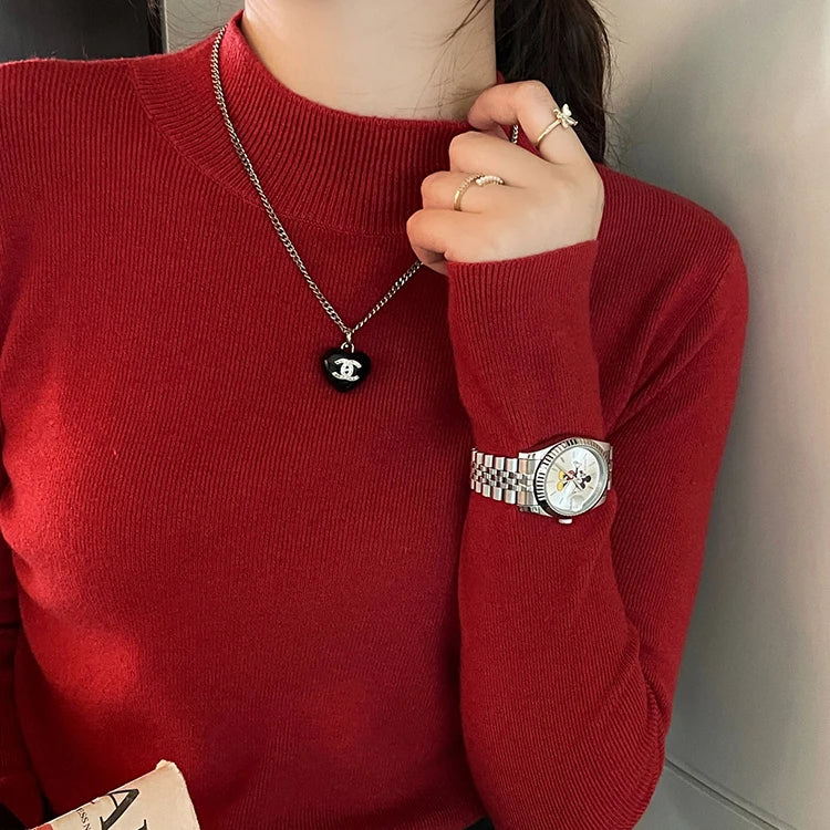 AOSSVIAO Turtleneck Sweater Women Fashion 2024 New Stretch Tops Women Knitted Pullovers Long Sleeve Bottoming Knitted Sweater - Amber Fashion UK