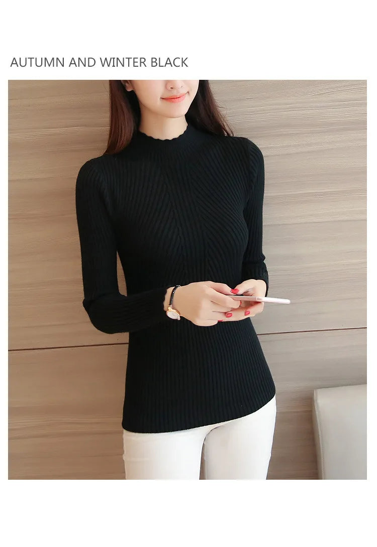 2025 Autumn Women Mock Neck Ruffles Sweater Long Sleeve Knitted Bottoming Solid Pullovers Stripe Women Casual Sweater Winter - Amber Fashion UK