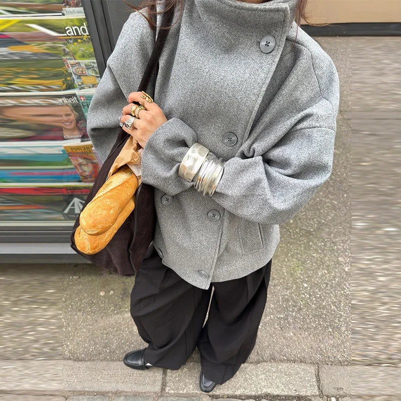 Stand Collar Women Woolen Coat Long Sleeve Single Breasted Loose Female Jacket 2025 Autumn Winter Office Lady Street Short Coats - Amber Fashion UK