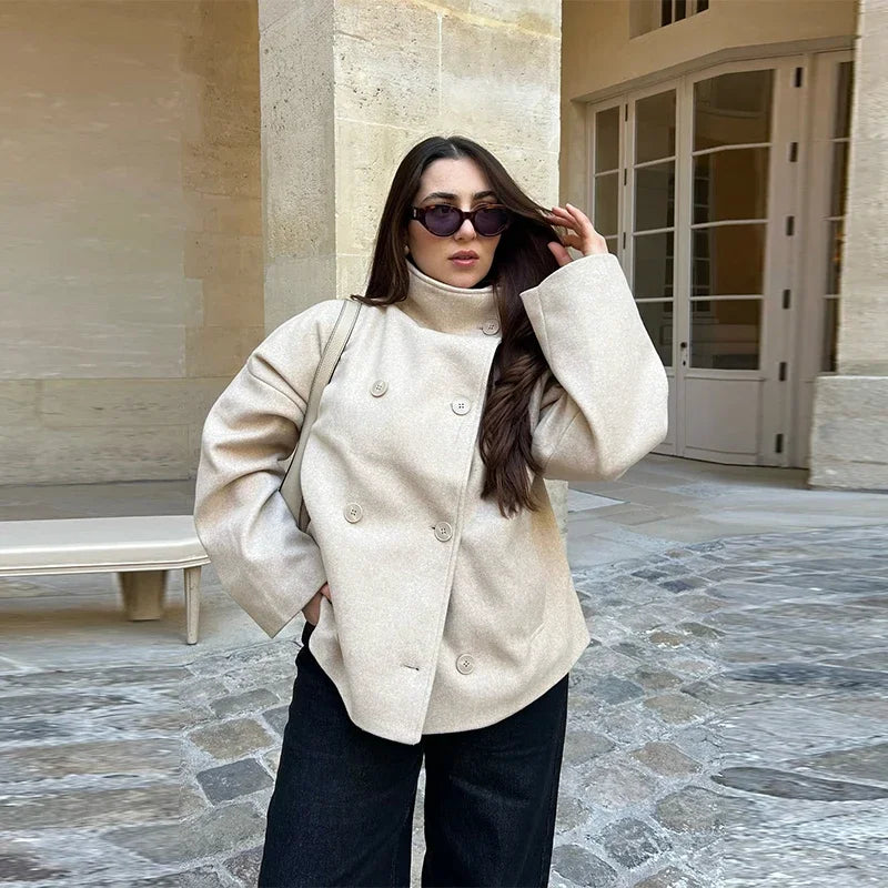 Stand Collar Women Woolen Coat Long Sleeve Single Breasted Loose Female Jacket 2025 Autumn Winter Office Lady Street Short Coats - Amber Fashion UK
