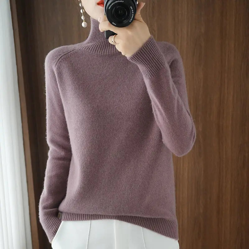 Turtleneck Pullover Fall/winter 2023 Cashmere Sweater Women Pure Color Casual Long-sleeved Loose Pullover Bottoming Women's - Amber Fashion UK