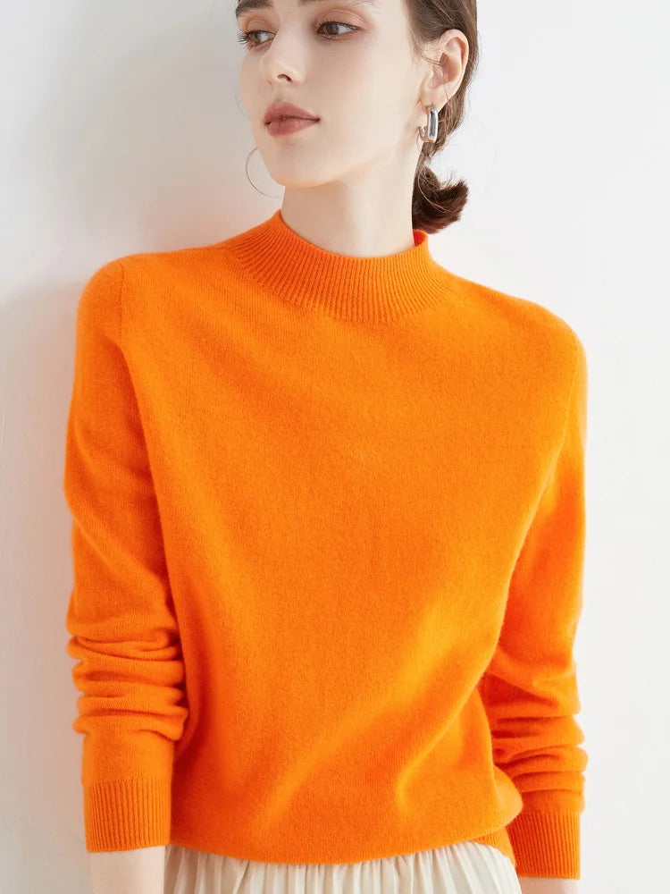 AOSSVIAO 2025 Autumn Winter Solid Mock-neck Pullover Sweater For Women Casual Knitwear Female Clothing Basic Soft Tops - Amber Fashion UK