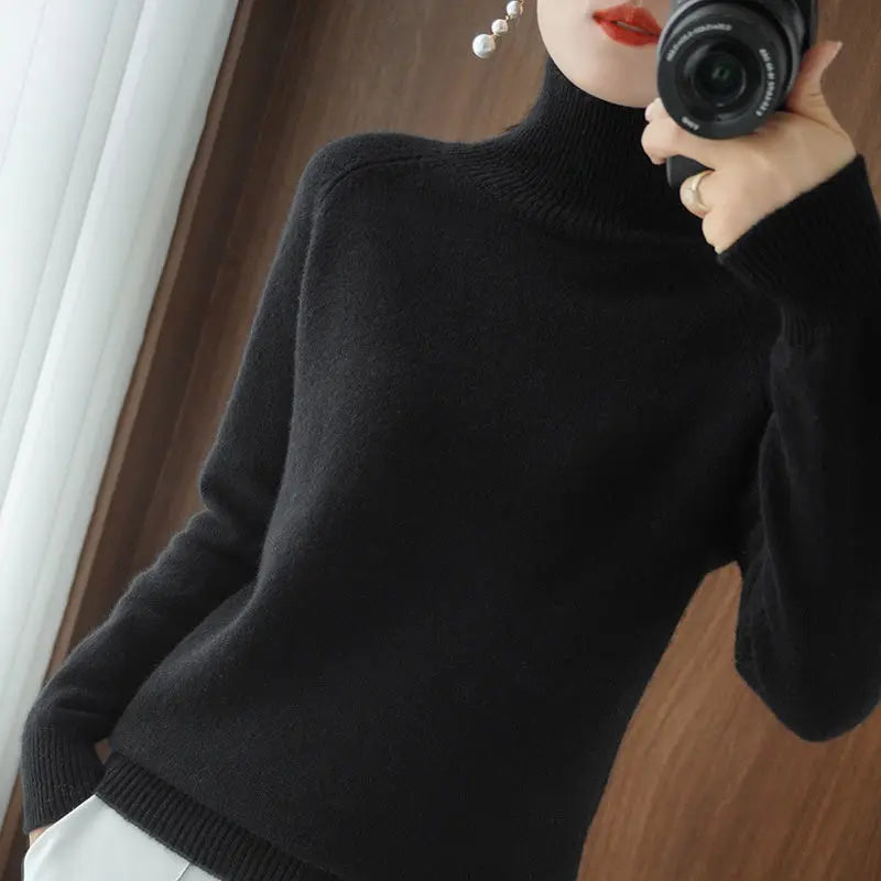 Turtleneck Pullover Fall/winter 2023 Cashmere Sweater Women Pure Color Casual Long-sleeved Loose Pullover Bottoming Women's - Amber Fashion UK
