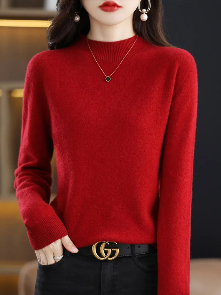 AOSSVIAO 2025 Autumn Winter Solid Mock-neck Pullover Sweater For Women Casual Knitwear Female Clothing Basic Soft Tops - Amber Fashion UK