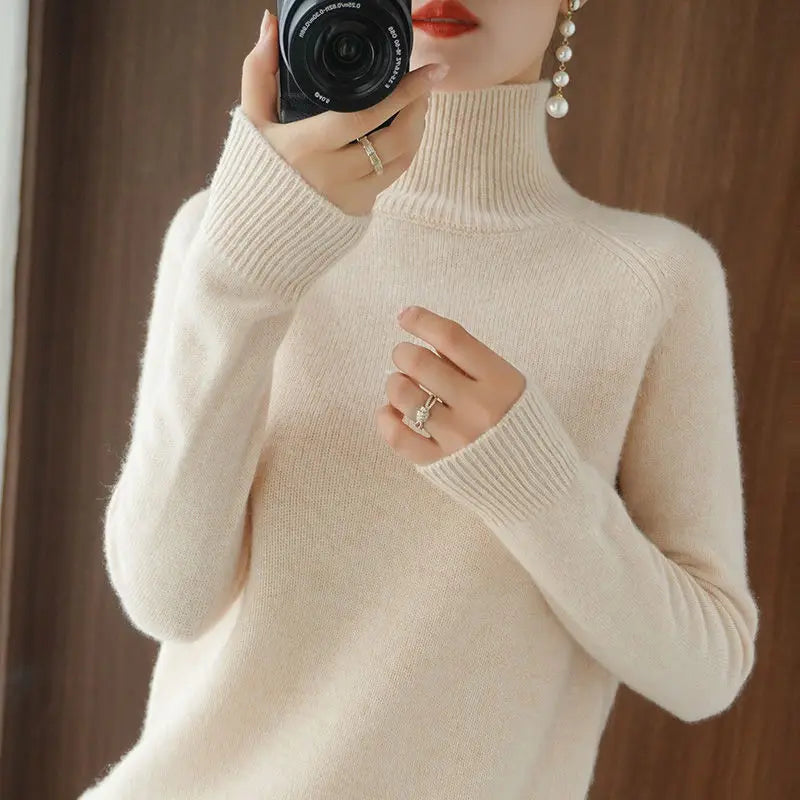 Turtleneck Pullover Fall/winter 2023 Cashmere Sweater Women Pure Color Casual Long-sleeved Loose Pullover Bottoming Women's - Amber Fashion UK